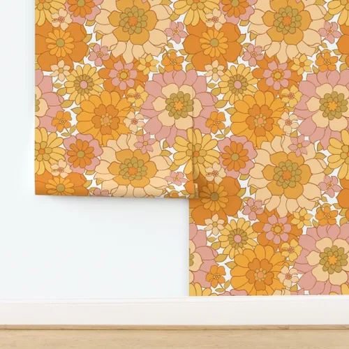 Vista 4 de Spoonflower Papel tapiz autoadhesivo para despegar y pegar, papel tapiz extraíble personalizado retro floral blanco vintage de los años 70