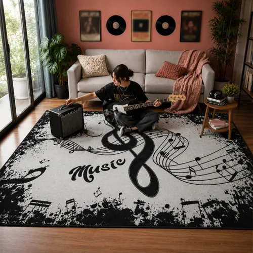 Vista 7 de Juego de batería de área musical, alfombra negra vintage, alfombras de música antideslizantes, tapetes suaves para sala de estar, dormitorio