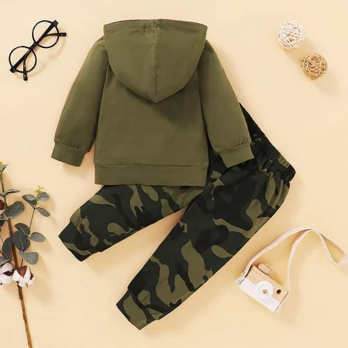 Vista 7 de Conjunto de 2 piezas de ropa para bebés y niños pequeños con estampado de letras y pantalones largos de camuflaje