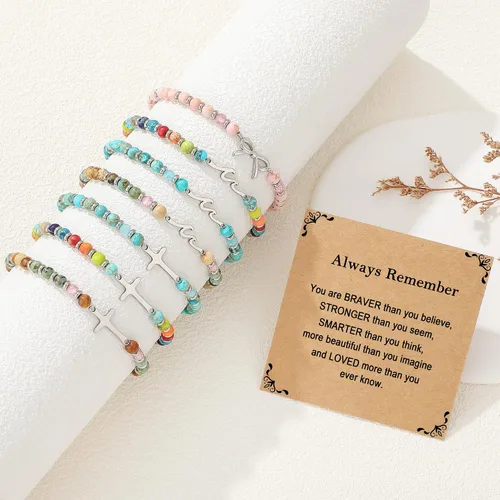 Vista 6 de Pulsera de onda/lazo/cruz para mujer, coloridas pulseras de cuentas de piedra natural, regalo único de amistad para mejor amiga, hermana, mejor