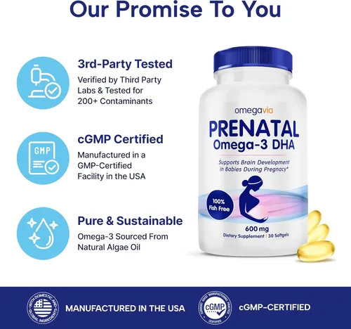 Vista 5 de OmegaVia Prenatal DHA 600mg Suplemento de Omega-3 sin pescado Apoya el desarrollo del cerebro, ojos y sistema nervioso del bebé Seguro