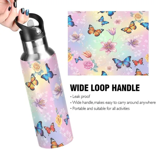 Vista 4 de BPA-Free Sports Water Bottle 20 Oz, Insulated Stainless Steel Water Bottle with Straw for Gym Outdoor Travel School, Colorful Butterflies