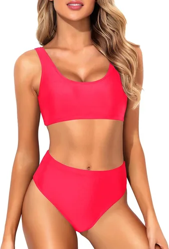 Vista 5 de Tempt Me Traje de baño deportivo de dos piezas para mujer, bikini de cuello redondo y tiro alto, top corto, traje de baño de cintura alta
