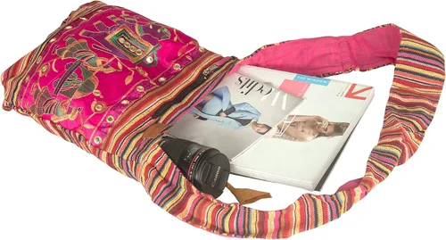 Vista 4 de Bolsa de hombro rosa bordada hecha a mano elefante bohemio hippie bolsa de playa gitana