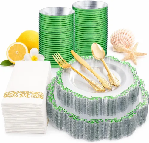 Vista 10 de PULOTE Juego de 175 piezas de platos de plástico transparentes y azules - Juego de vajilla desechable con borde azul - Incluye 25 platos de cena, 25