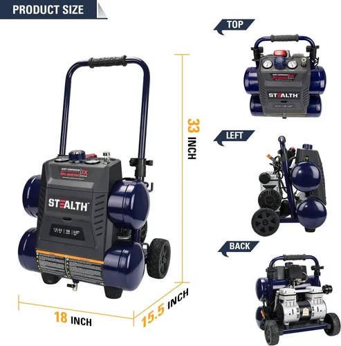Vista 2 de STEALTH Compresor de aire ultra silencioso, 64 decibelios 4.5 galones pico 1.3 HP máximo 150 PSI, bomba de aire sin aceite, compresor de aire