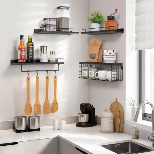 Vista 7 de SALA Juego de 4 estantes de baño para montar en la pared, estantes flotantes sobre papel higiénico con toallero, estantes de pared de madera
