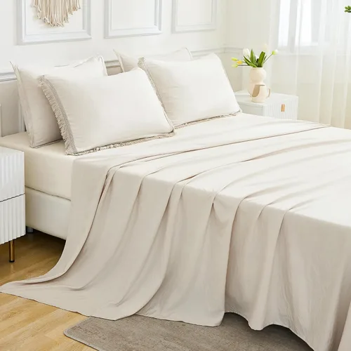 Vista 8 de Andency Juego de ropa de cama con edredón tamaño matrimonial beige con sábanas - 7 piezas, estilo bohemio con borlas, ropa de cama ligera en una 01