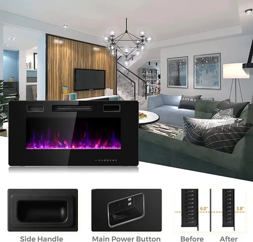 Vista 3 de Topment Chimenea eléctrica empotrada y montada en la pared con color y velocidad de llama ajustables, control remoto y táctil con temporizador, bajo