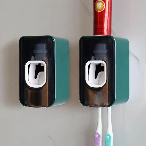 Vista 25 de Soporte de plástico para cepillos de dientes de 2 ranuras y dispensador de pasta de dientes montado en la pared, exprimidor automático de pasta
