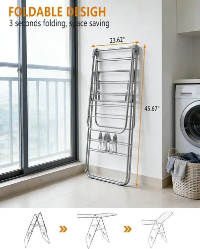 Vista 3 de Tendedero plegable de altura ajustable, gran espacio, estante de lavandería alado con clips para calcetines para colgar toallas, ropa, ropa de cama