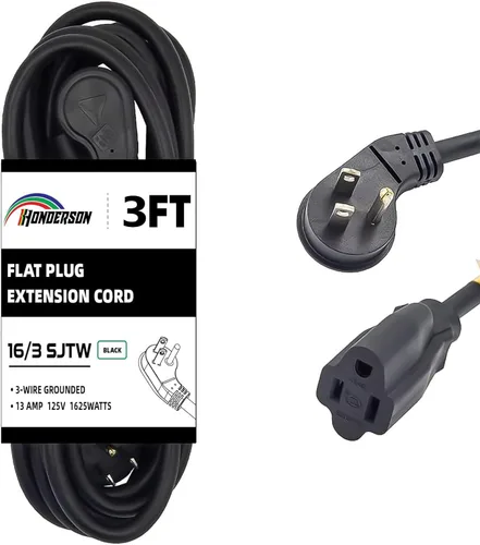 Vista 10 de Cable de extensión de enchufe plano para interiores, certificación UL, calibre 14, 3 pies, negro, 3 clavijas, resistente, cable de alimentación SJTW