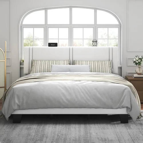 Vista 14 de Feonase Marco de Cama de Plataforma de Tamaño Completo, Marco de Cama Tapizado en Tela con Respaldo Alado, Listones de Madera Maciza y Soporte