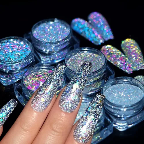 Vista 2 de 6 colores para arte de uñas Gliiter holográfico en copos de uñas para arte de uñas, polvo de uñas reflectante con purpurina para mujeres y niñas