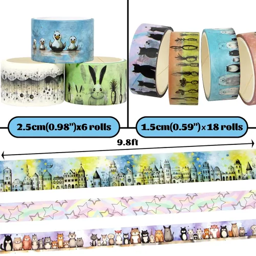 Vista 2 de Lindo juego de cinta washi – 24 rollos de cinta washi decorativa de animales Kawaii para suministros de álbumes de recortes, suministros de diario