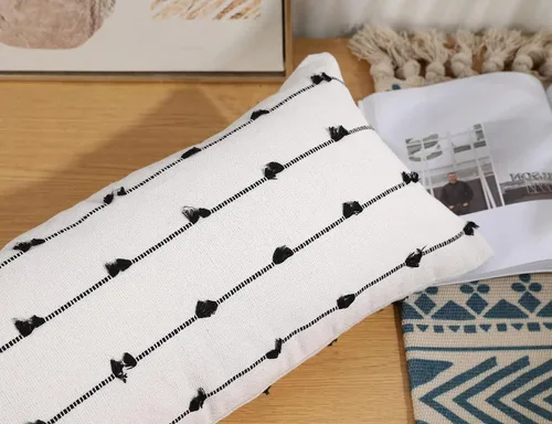 Vista 3 de NUYECY Fundas de Almohada Lumbar Larga Boho 14 x 20 pulgadas Negro, Patrón Clásico de Rayas de Algodón Funda Decorativa de Almohada Lumbar Larga
