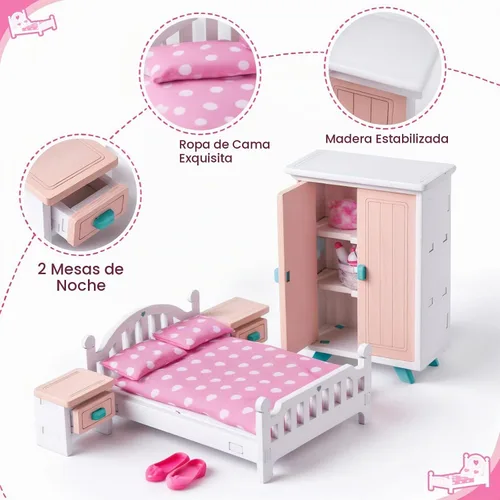 Vista 4 de BABESIDE Juego de muebles de dormitorio de casa de muñecas, 7 piezas de accesorios de casa de muñecas de madera rosa para muñecas de 3 pulgadas