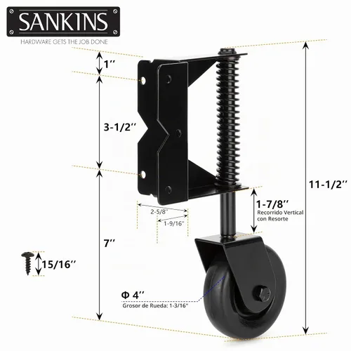 Vista 4 de Rueda resistente con resorte con placa de montaje universal de 360 grados para madera, puertas de metal, valla de PVC, 4 pulgadas, capacidad de 220