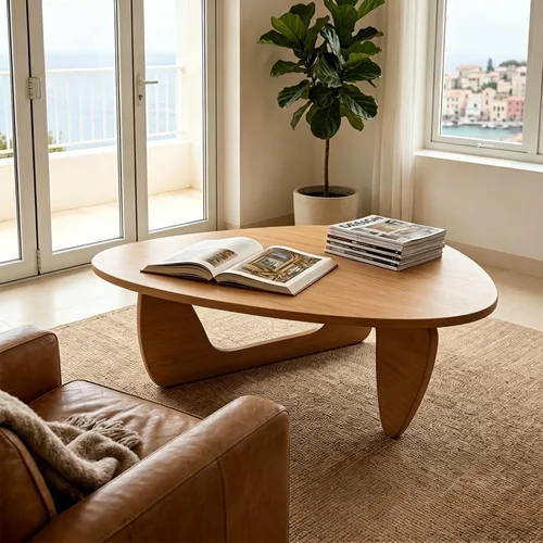Vista 5 de Mesa de centro moderna de madera maciza, mesa central triangular única para sala de estar, 35.4 x 22.8 x 16.5 pulgadas, natural