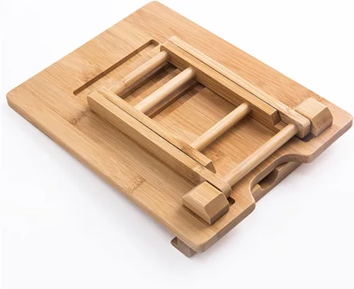 Vista 6 de Soporte para tableta de bambú Soporte ajustable plegable de madera para iPad con orificio cargable para escritorio iPad Soporte de cocina