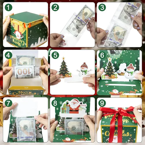Vista 4 de Caja de dinero para regalo en efectivo con mecanismo de tirar, caja de regalo de dinero de Feliz Navidad, caja de regalo sorpresa con mecanismo