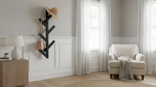 Vista 7 de Vlush Perchero de Metal para Montar en la Pared con 6 Ganchos, Perchero de Ropa Moderno y Minimalista, Perchero Vertical para Colgar Ropa