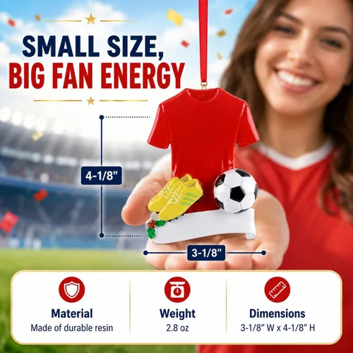 Vista 3 de Adornos de Navidad de fútbol personalizados – Adorno de fútbol 2025 – Adornos para fanáticos de los deportes – Regalos de atletismo rojo – Adorno