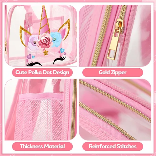 Vista 6 de Kacctyen Mochila transparente de 3 piezas, resistente y transparente, con bolsa de almuerzo, Rosado