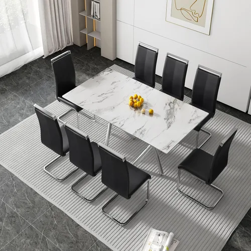 Vista 34 de Juego de 6 mesas de comedor de cristal, moderno juego de mesa de comedor de vidrio templado rectangular transparente de 71 pulgadas y 6 sillas