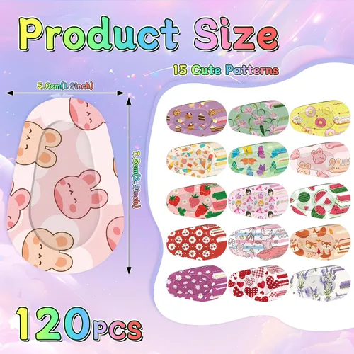 Vista 2 de 120 parches adhesivos para los ojos para niños, parches de ojos para niñas 15 estilos con 8 piezas cada uno, algodón suave transpirable a granel