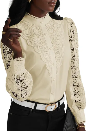 Vista 17 de Rooscier Blusa Elegante de Encaje de Crochet con Cuello Alto Simulado de Manga Larga con Botones para Mujer Top