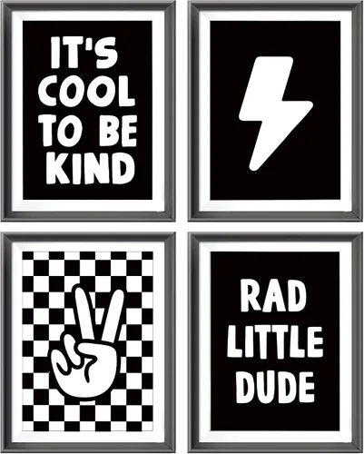 Vista 14 de Cartel de mano retro a cuadros negros y blancos preppy relámpago de la paz para decoración de habitación de niños, decoración divertida de Rad
