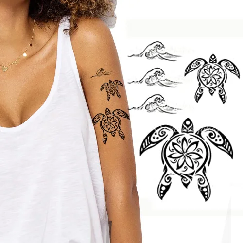 Vista 11 de Tatuaje temporal tortugas negro maorí tribal cuerpo arte adhesivo transferencia para brazos hombro azteca polinesio samoano hawaiano para hombres