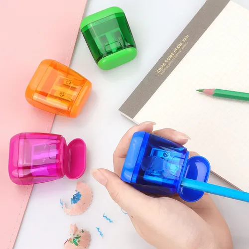 Vista 3 de Paquete de 4 sacapuntas manuales de doble agujero con tapa para niños, escuela, oficina, hogar (azul, verde, naranja, rosa)