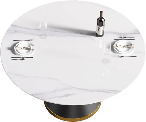 Vista 4 de Mesa de comedor moderna de 53 pulgadas, mesa de comedor de piedra sinterizada con base de acero al carbono negro, mesa de comedor redonda de 53