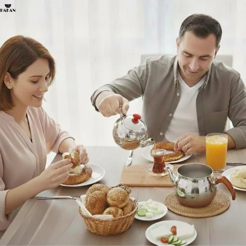 Vista 2 de Hakan Juego de tetera con tapa doble colador, juego de mini tetera doble de acero inoxidable, estilo samovar turco, tetera para té de hojas sueltas