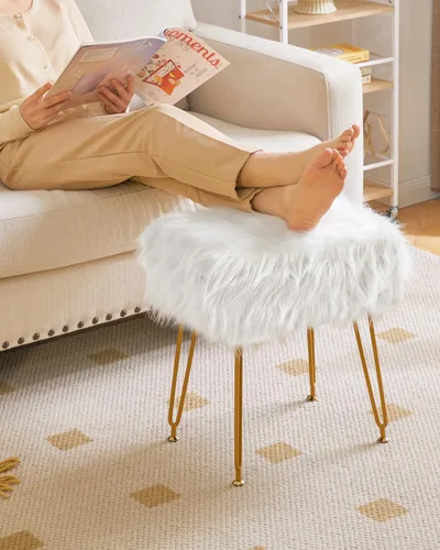 Vista 6 de IBUYKE Taburete rectangular de piel sintética con almacenamiento, color blanco WBD022W Furry Makeup Chair Ottoman Soft Padded Seat Round Footrest