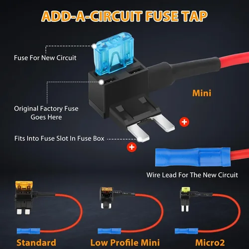Vista 3 de 16 adaptadores de grifo de fusible para agregar un circuito, adaptador de fusible de 12 V, mini micro2 estándar y grifos de fusible de perfil bajo