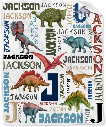 Vista 48 de Manta de regalo personalizada de dinosaurio con nombre para niñas, niños, recién nacidos, dinosaurio, manta personalizada para envolver al bebé