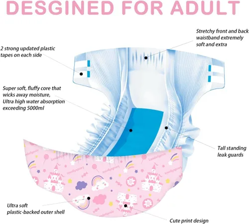 Vista 3 de Landofgenie Pañales para adultos, ropa interior con estampado rosa para incontinencia, pañales grandes con pestañas, 10 piezas