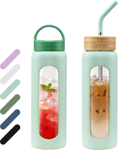 Vista 16 de WINSA - Botella de agua de vidrio de 24 onzas, vaso de vidrio con popote, botellas reutilizables con 2 tapas - Tapa con asa y tapa de bambú
