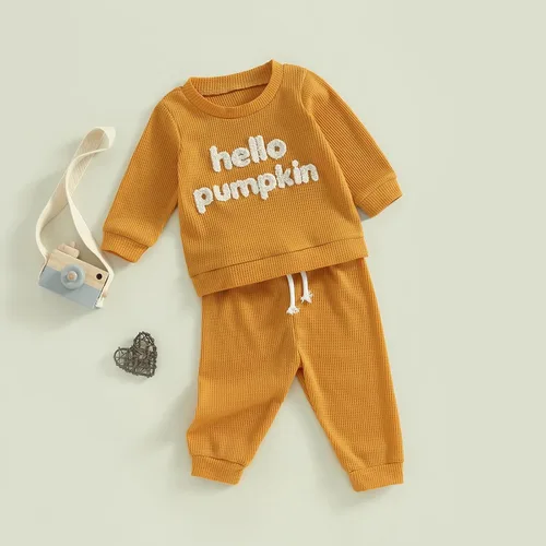 Vista 8 de Ursobutegl Toddler Baby Boy Halloween Outfit Long Sleeve Pumpkin Sweatshirt Pullover Tops Pants Fall Winter Clothes Set