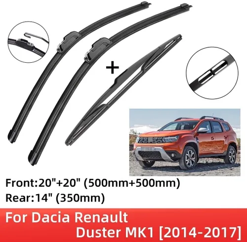 Vista 2 de Compatible con Dacia Renault Duster MK1 2014-2017 Escobillas limpiaparabrisas delantero trasero Cepillos Cortadores Accesorios J Hook 2014 2015 2016