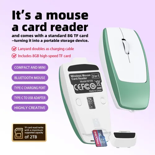 Vista 2 de FMOUSE Mini 2-en-1 Ratón Inalámbrico Bluetooth y Lector de Tarjetas TF - Tarjeta TF de 8 GB Incluida, Adaptador de Type-C a USB, Recargable, Ultra
