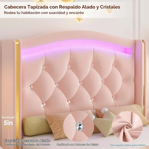 Vista 4 de Hifit Base de cama LED, tamaño individual, cabecera capitoné con botones de cristal, 4 cajones, moderna, piel sintética, de princesa, para niñas,