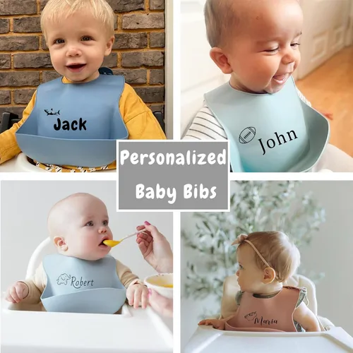 Vista 6 de FCQIANKM Juego de baberos de silicona personalizados para bebés, cuchara y tenedor con icono de nombre, baberos personalizados para niños pequeños