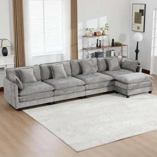 Vista 141 de Sofá seccional modular verde de 111.5", sofás seccionales grandes de 3 plazas para sala de estar, sofá nube oversized de tela chenille con otomana