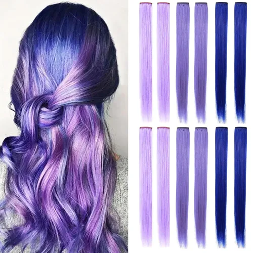 Vista 11 de Extensiones de cabello con clip de colores, 8 piezas de cabello sintético liso con reflejos azules y verde azulado
