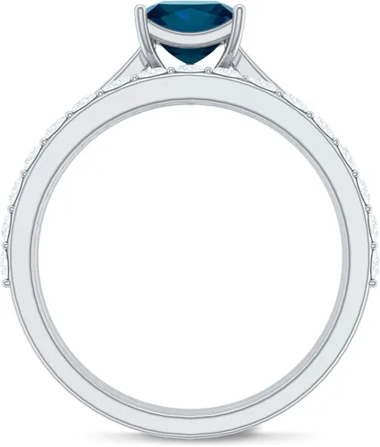 Vista 16 de Juego de anillos de boda de topacio azul Londres con diamante, juego de anillos solitarios de topacio azul de corte princesa para mujer (calidad AAA)