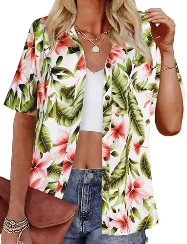 Vista 35 de LILYCHIC Camisas hawaianas de verano con botones de coco para mujer, camisas suaves con botones de manga corta A-hoja floral negra